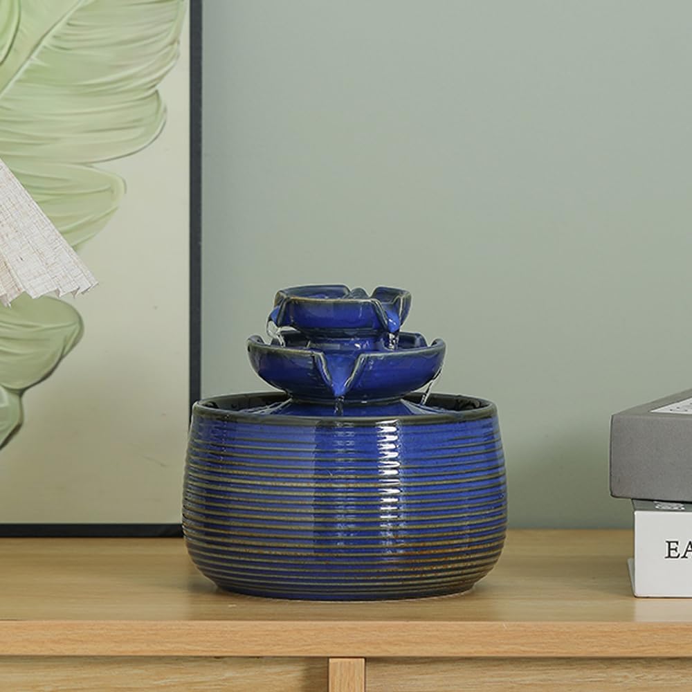 Outdoor and Indoor Water Feature Fountain Waterfall Tabletop Desktop mini Ceramic Garden Fountain (Blue A171)