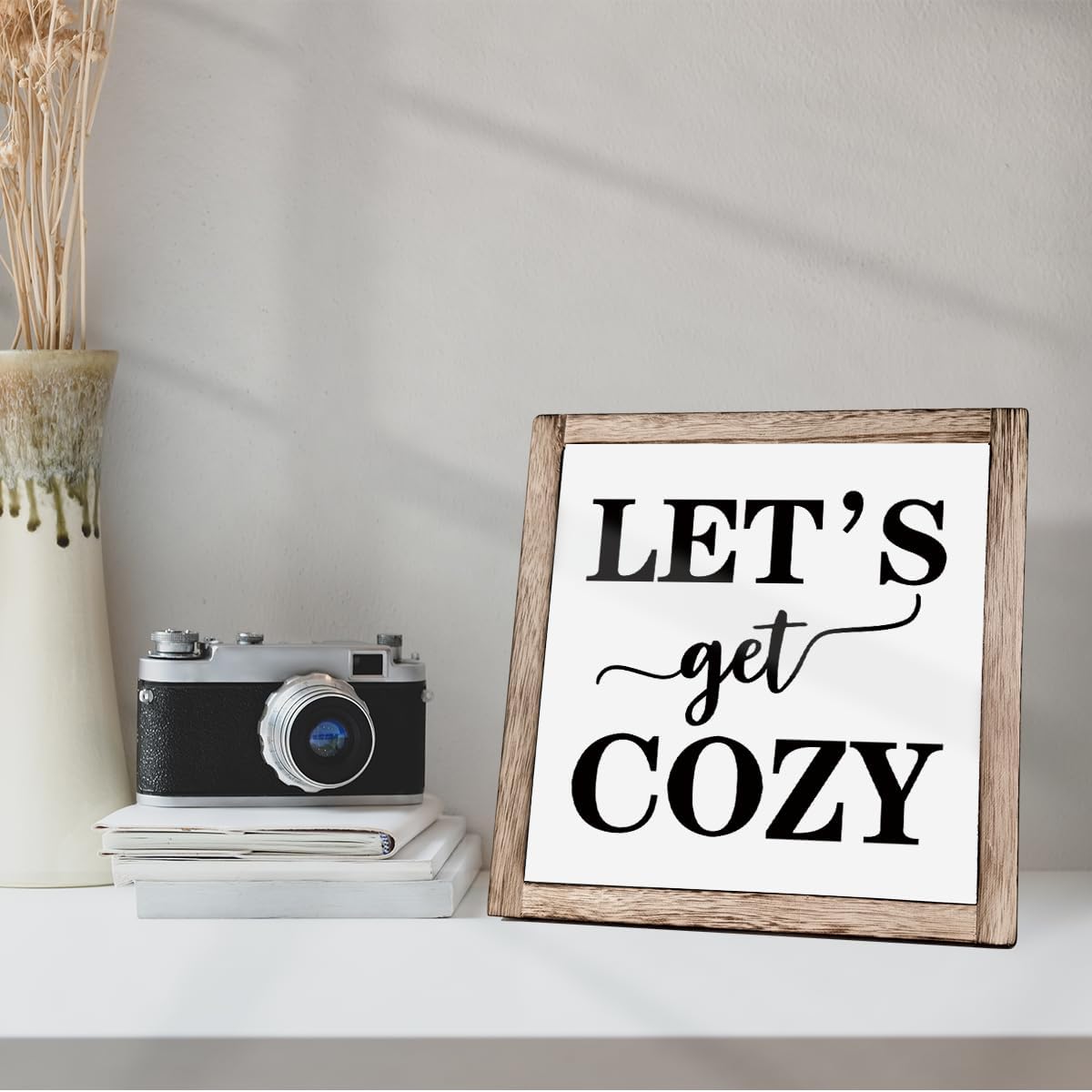 Cozy Bedroom Décor, Let's Get Cozy, Home Décor, Farmhouse Table Décor, Farmhouse Decor for Shelves, Home Decoration Sign for Shelf, Suitable for Placement on Living Room or Bedroom Shelves 9.9inch