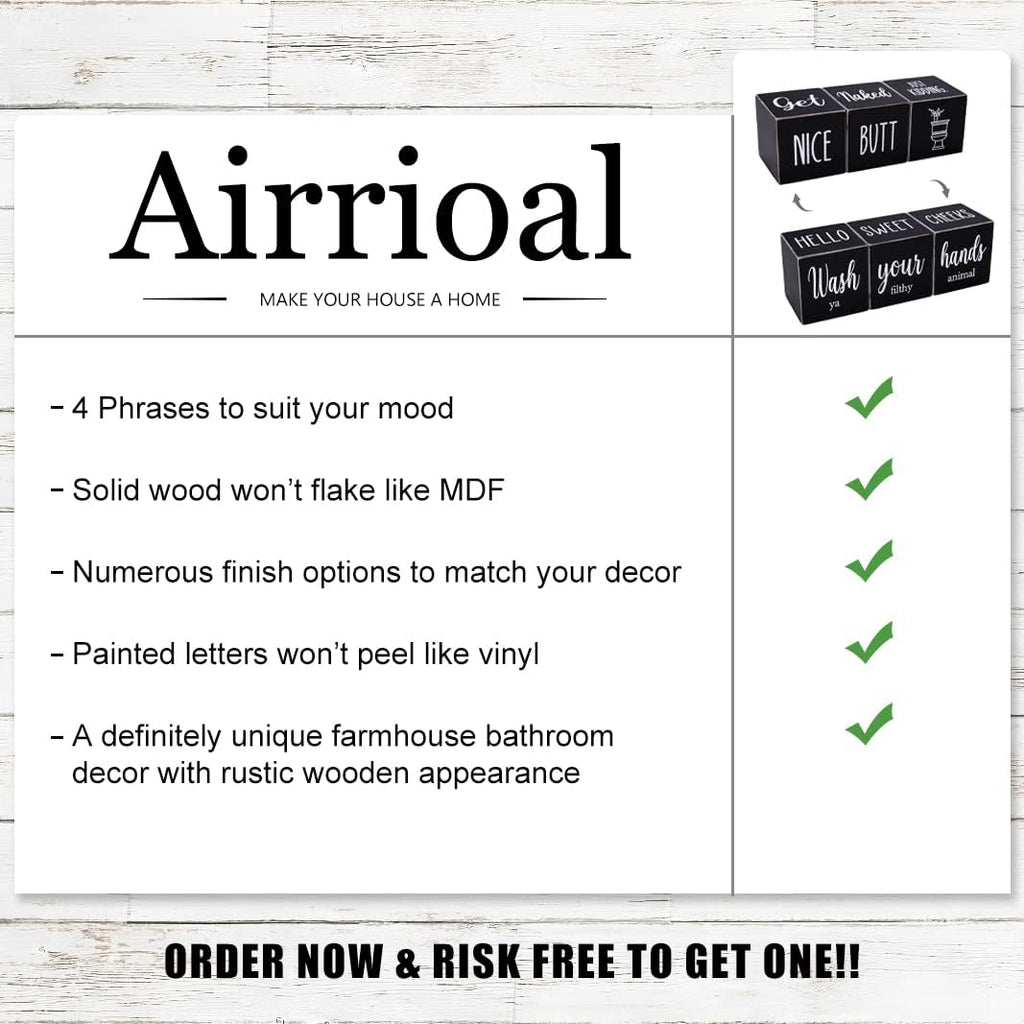 Farmhouse Black Bathroom Decor, 4-Sided Sign - Nice Butt&Get Naked&Hello Sweet Cheeks&Wash Your Hands Wooden Rustic Cute Funny Bathroom Decorations for Shelf Restroom, 2.8"