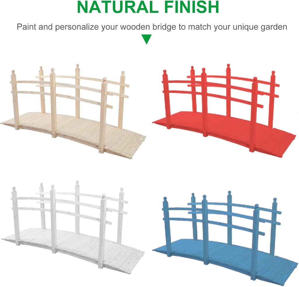 VINGLI 7.5 ft Garden Bridge, Arch Walkway Wooden Bridge with Safety Rails Natural Finished, Decorative Landscaping Footbridge for Koi Pond, Dry Creek Bed, Garden Pathway or Japanese Zen Decor