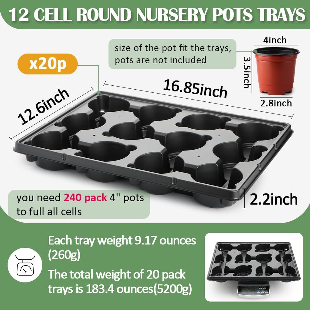 12 Cell Round Nursery Pot Trays Thickened Durable Seedling Pots Shuttle Carrying Trays for Holding 4 Inch Nursery Pots (16.85" × 12.6", 20-Pack)