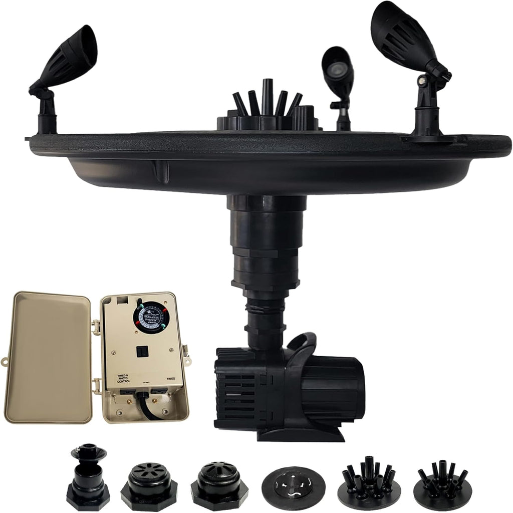 HALF OFF PONDS Floating Fountain – 1/4 HP Pond Aerator, 100' Cord – 3000 GPH Water Pump – 9 Spray Patterns - Color-Changing LED Lights & Control Box – for Ponds & Water Gardens