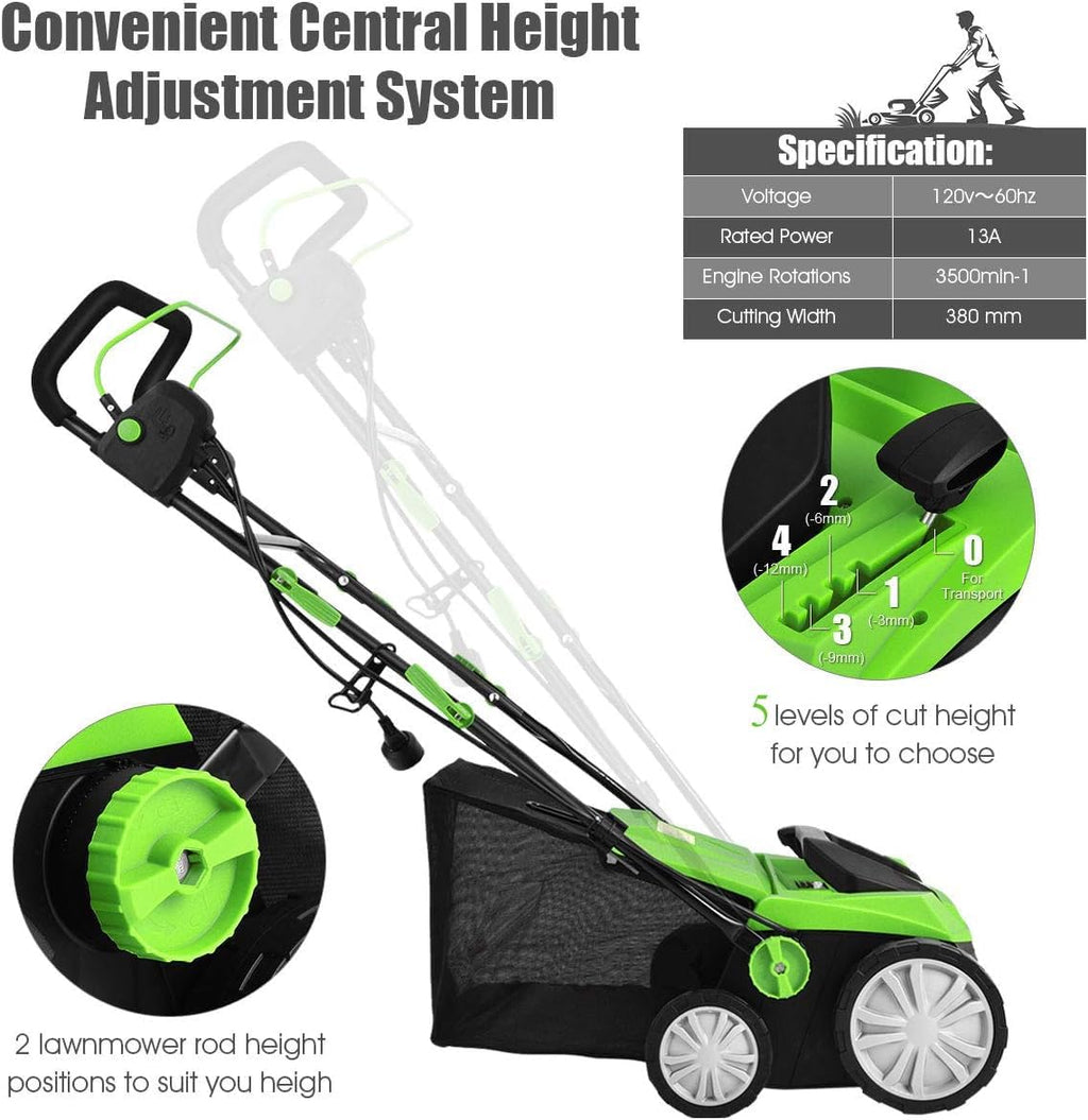 Goplus 2-in-1 Electric Corded Lawn Dethatcher with 5 Cutting Heights, 15-Inch 13 Amp Electric Scarifier w/ 13.5 Gallon Collection Bag, 2 Removable Blades for Garden Yard