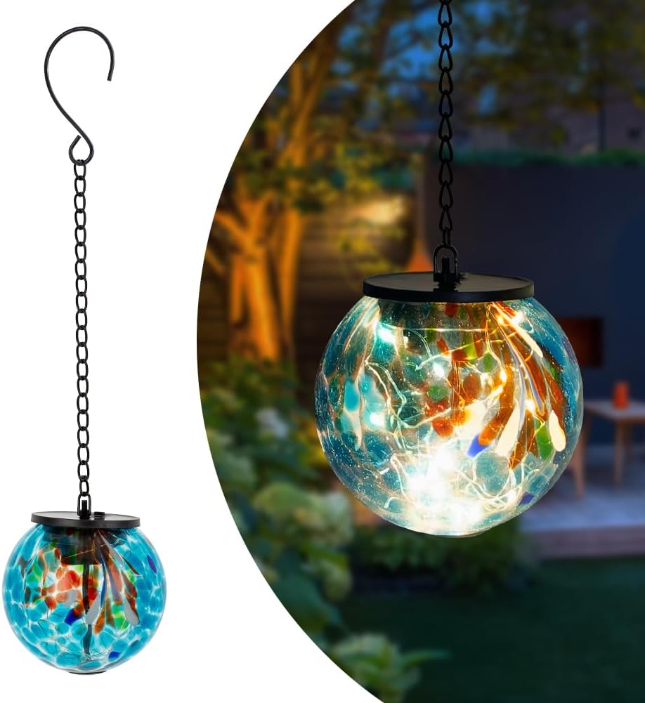 Solar Hanging Lanterns Outdoor, Solar Glass Gazing Ball Lights, Waterproof Led Globe Light for Garden Yard Tree Party Decorations, Colorful Dot