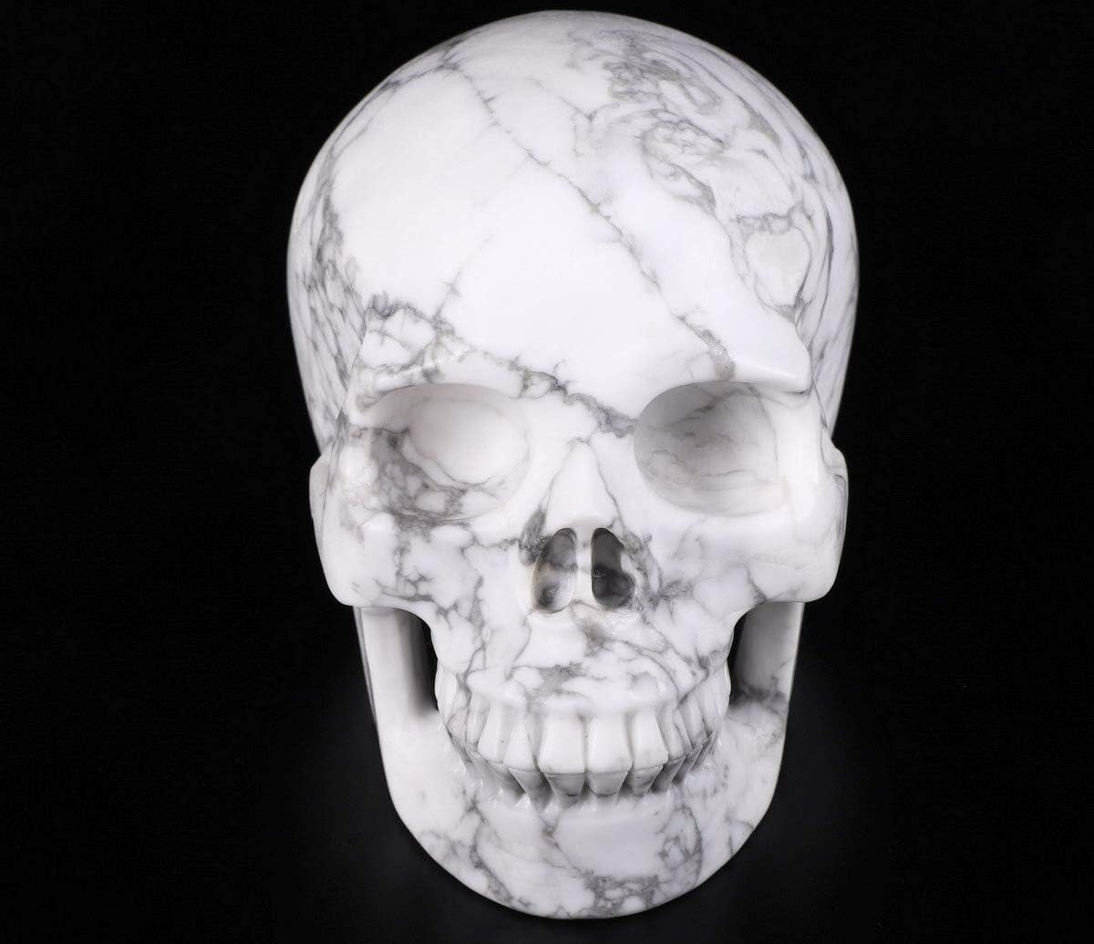 Skullis 5.0" Howlite Crystal Skull, Hand Carved Gemstone Fine Art Sculpture, Reiki Healing Stone Statue.