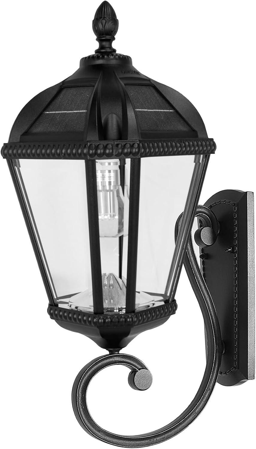 Gama Sonic Solar Outdoor Wall Light, Royal Bulb Exterior Sconce Lamp, Black Cast Aluminum, Clear Beveled Glass, Warm White LED with Omni-Direction Reflector, Large 21-Inch Height, 98B010 (Upgraded)