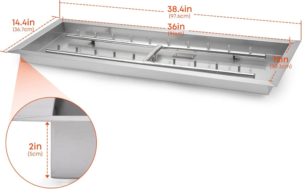 Stanbroil 36 x 12-Inch Rectangle Drop-in Fire Pit Pan with Jet Burner, 304 Stainless Steel Gas Firepit Insert for DIY Firepit Table, High Flame150,000 BTU Max
