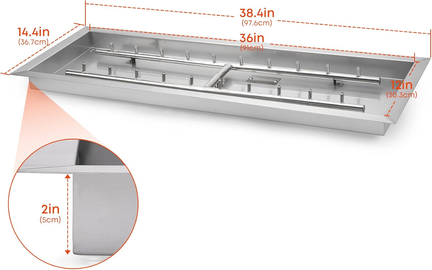 Stanbroil 36 x 12-Inch Rectangle Drop-in Fire Pit Pan with Jet Burner, 304 Stainless Steel Gas Firepit Insert for DIY Firepit Table, High Flame150,000 BTU Max