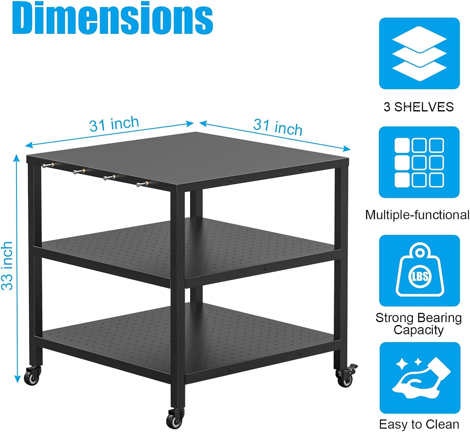 31x31x33 Inch Grill Cart for Outdoor Pizza Oven Table for Ooni, Blackstone, Ninja Grill Stand, Three-Shelf Movable Food Prep and Work Cart Station, Stainless Steel Trolley Table with Waterproof Cover
