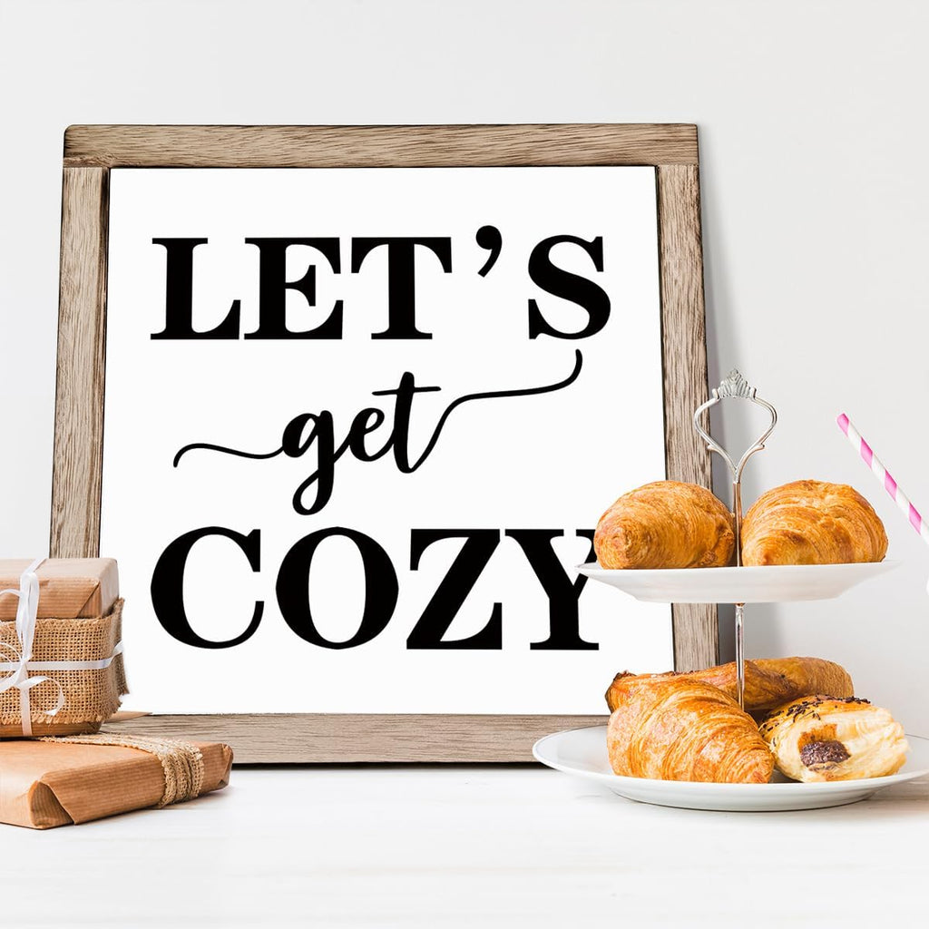 Cozy Bedroom Décor, Let's Get Cozy, Home Décor, Farmhouse Table Décor, Farmhouse Decor for Shelves, Home Decoration Sign for Shelf, Suitable for Placement on Living Room or Bedroom Shelves 9.9inch