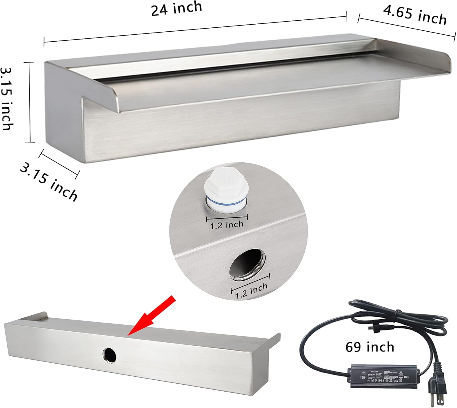 24" Water Pool Fountain 304 Stainless Steel Lighted Pool Waterfall Spillway with Wider Water Flow Platform, Multi-Color LED Strip Light with Remote Control for Indoor, Garden, Outdoor Decoration