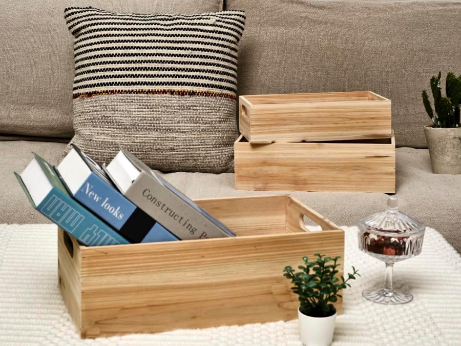Set of 3 Wooden Boxes Unfinished for Storage Small Crates for Display and Organizing, Farmhouse Style Storage Boxes for Crafts, Decor, Home Pantry and Living Room