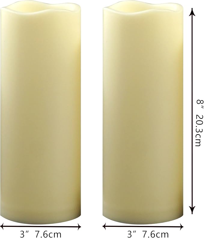 Waterproof Outdoor Battery Operated Flameless Pillar Candles with Timer White Plastic Realistic Flickering Fake Electric LED Lights for Lantern Garden Wedding Christmas Decorations 3”x8” 2 Pack