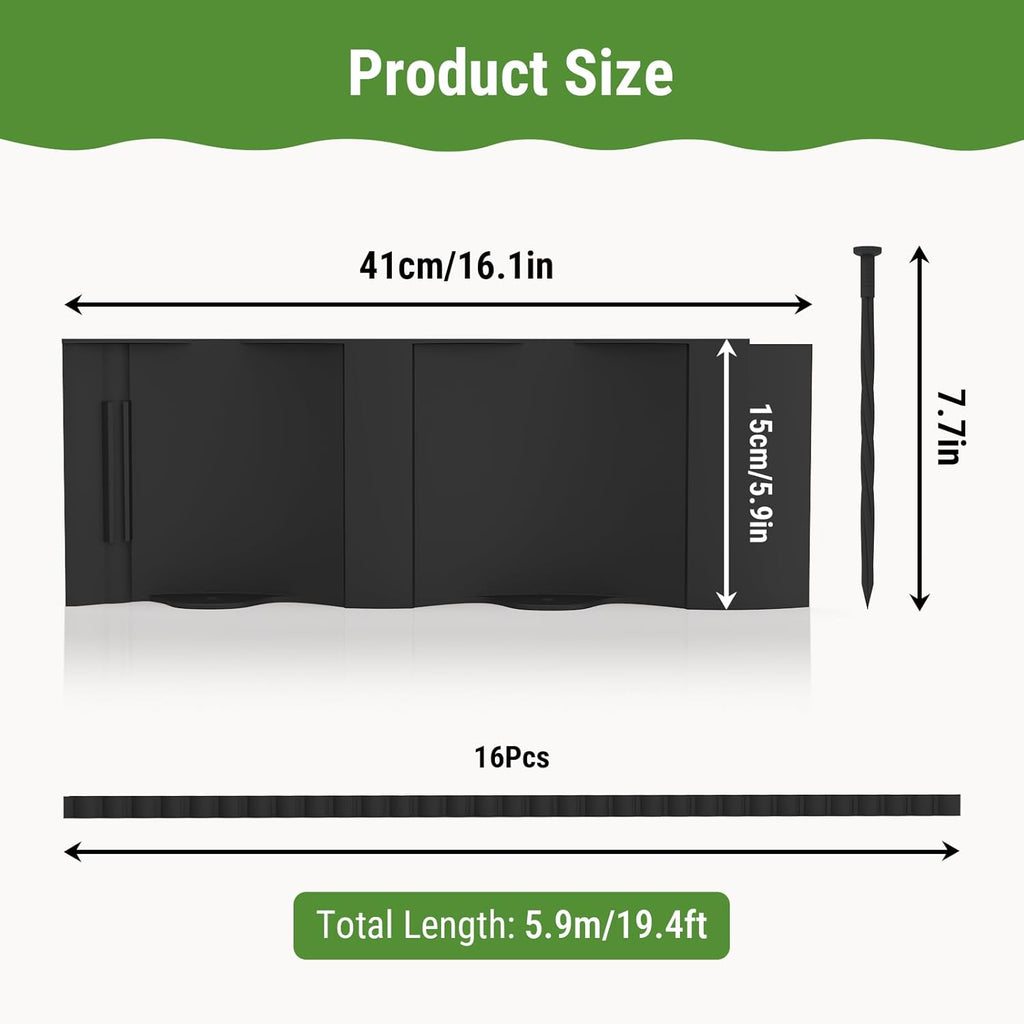 Mars Villa Landscape Edging 20FT, Interlocking Landscape Edging 5.9in No Dig Garden Edging Border for Landscaping, Flexible Flower Bed Lawn Edging for Outdoor Pathway, with Stakes,(Black,16PCS)