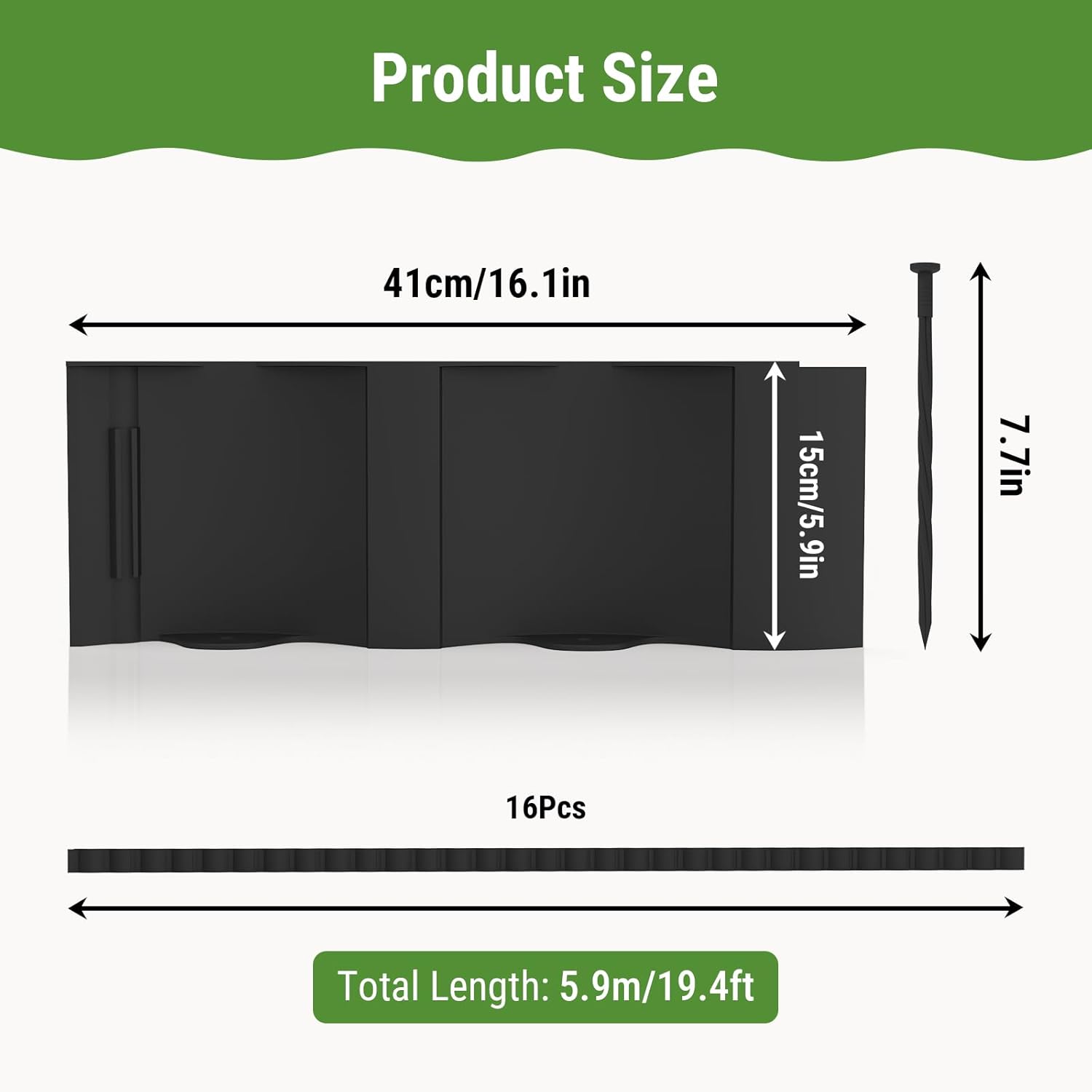 Mars Villa Landscape Edging 20FT, Interlocking Landscape Edging 5.9in No Dig Garden Edging Border for Landscaping, Flexible Flower Bed Lawn Edging for Outdoor Pathway, with Stakes,(Black,16PCS)