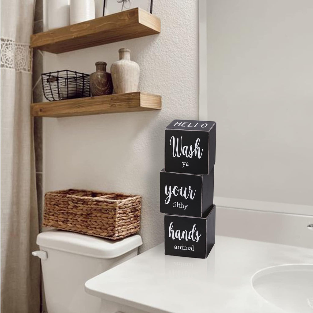 Farmhouse Black Bathroom Decor, 4-Sided Sign - Nice Butt&Get Naked&Hello Sweet Cheeks&Wash Your Hands Wooden Rustic Cute Funny Bathroom Decorations for Shelf Restroom, 2.8"