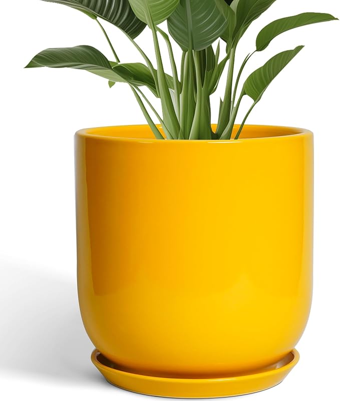 12 Inch Pots for Plants - Ceramic Planter for Outdoor Plants Large Plant Pot Indoor with Drainage Hole Modern Flower Pot for Home Patio Office Decor Yellow