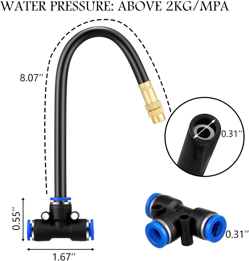 Zonon Brass Misting Nozzles Tee with Built in Hose 360 Degree Rotation Adjustable Water Mister Nozzles Thread Sprayer 0.043" Misting Parts and Accessories for Patio Outdoor Cooling(15 Pcs,8 Inch)