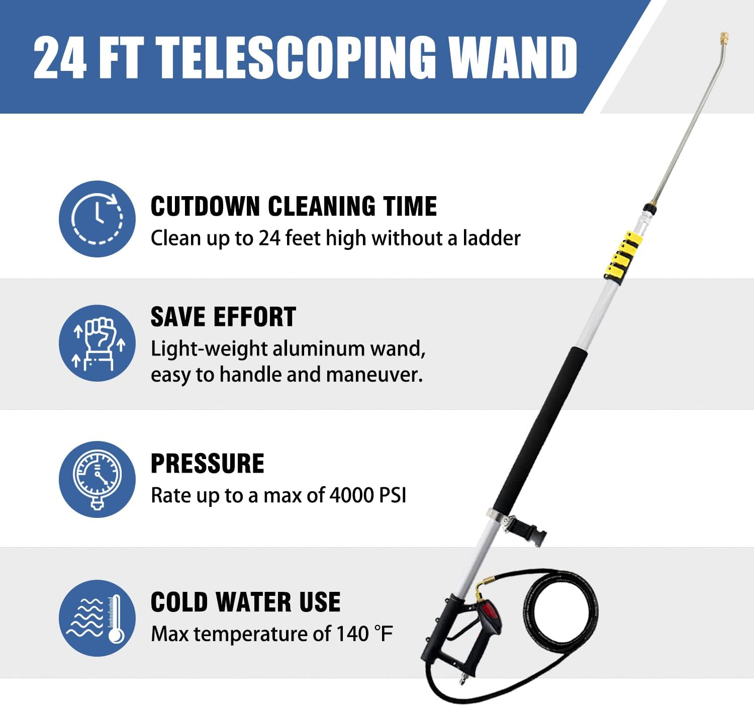 janz 24 FT, Aluminum Telescoping Pressure Washer Wand with 2 Pressure Washer Extension Wands,Gutter Cleaner Attachment, 7 Spray Nozzle Tips, 2 Hose Inlet Adapters, Pivoting Coupler and Support Harness