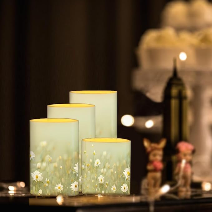 Flameless Candles Battery Powered LED Pillar Candles Tealights with Remote Timer Color Changing Control for Indoor Outdoor Home Tabletop Decoration Set of 4, Daisy Floral Green