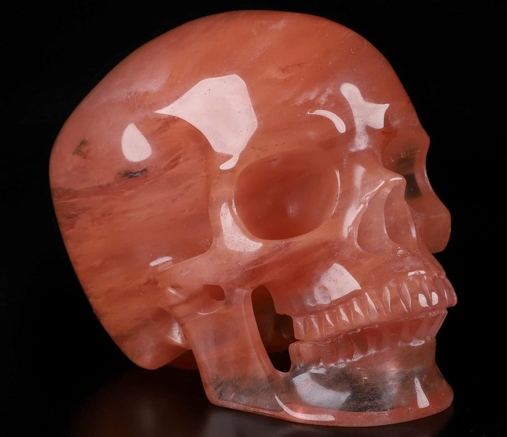 Skullis 5.0" Smelted Quartz Super Realistic Crystal Skull, Hand Carved Gemstone Fine Art Sculpture, Reiki Healing Stone Statue.2238