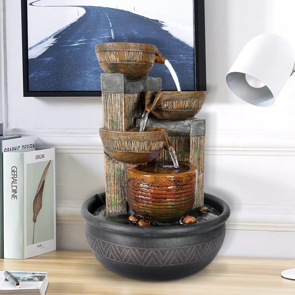 15.7''H 4-Tier Relaxation Indoor Tabletop Waterfall Fountain with LED Lights Desktop Fountains Calming Sound for Home Office Bedroom Decor (Brown, 15.7inch)