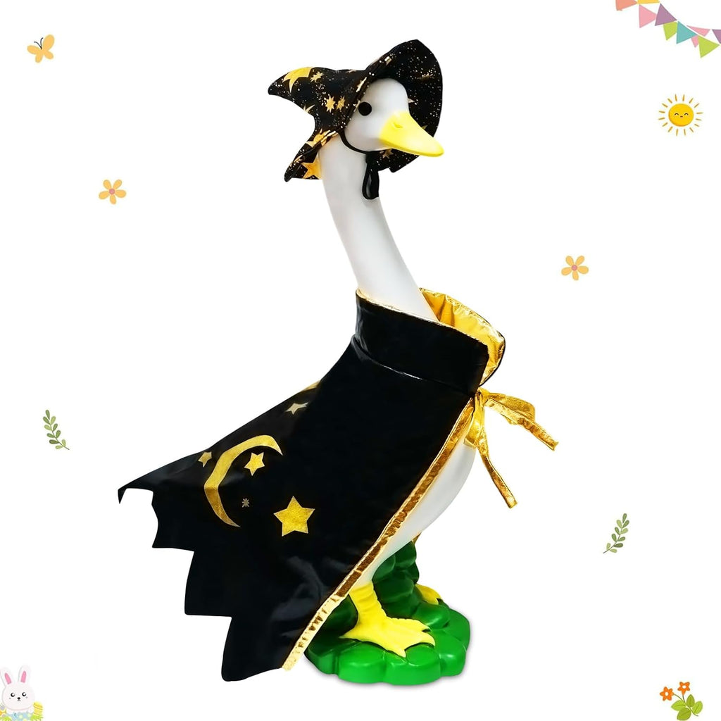 Large White Goose Statue Cygnus, Funny Halloween Big Bird Decor Garden Sculpture with Black Magic Cloak Costume Clothes and Hat Home Porch Patio Pond Yard Art Duck Figurine 19’’ Christmas Decorations