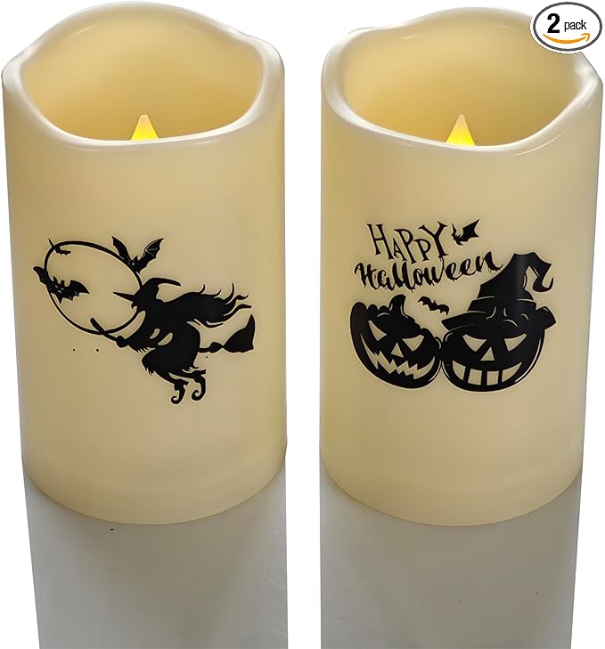 Halloween Outdoor Battery Operated Flameless Pillar Candles with Auto Daily Timer Waterproof Realistic Flickering Electric LED Lights with Pumpkin Witch Decals Halloween Decorations 2 Pack 3X5”