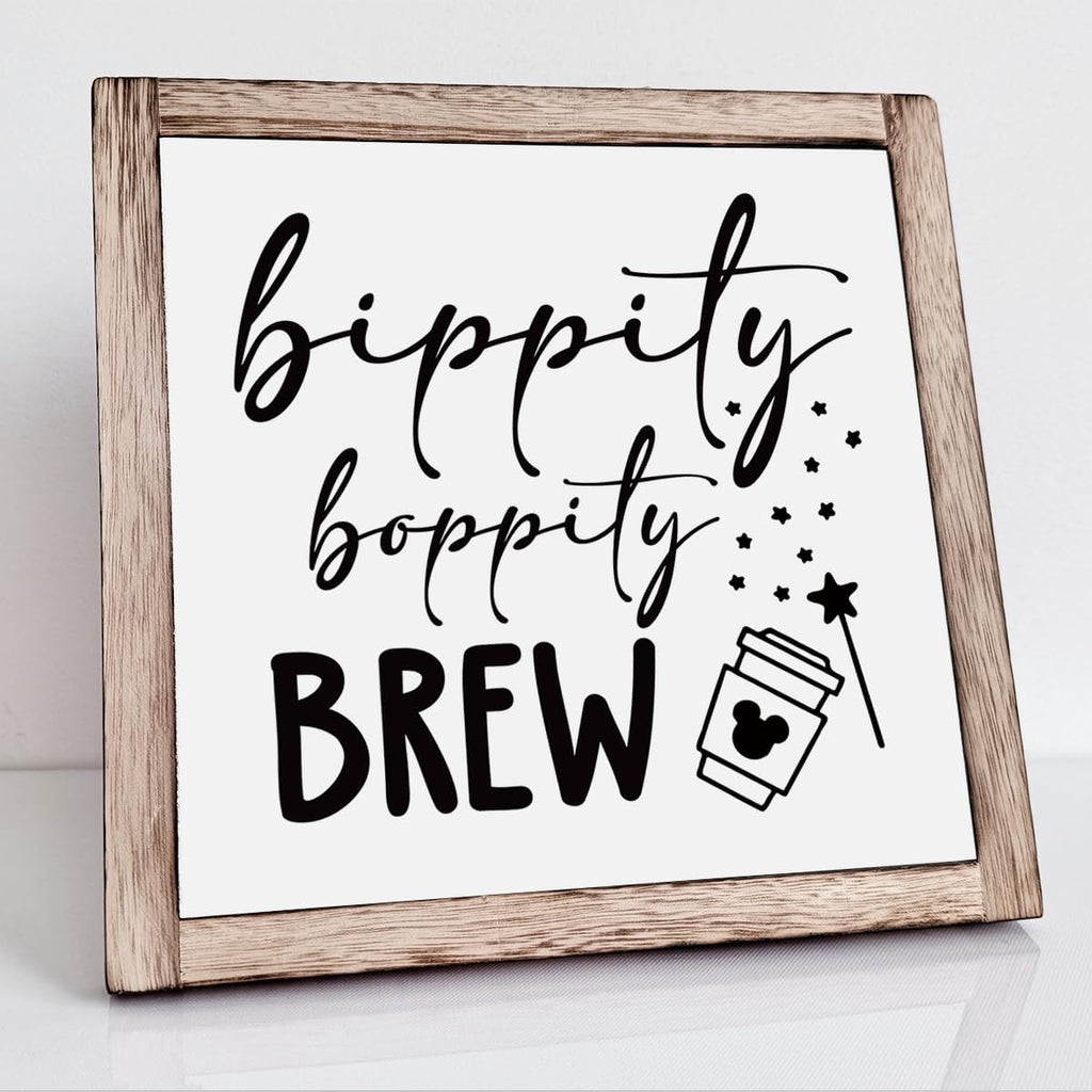 Bippity Boppity Wood Plaque Sign, Box Wood Plaques Desk Décor, Rustic Wooden Coffee Table Sign, Kitchen Home Decor, Tabletop Decor Sign, Coffee Lover Gift, Disney Lover Gift 9.9×9.9inch