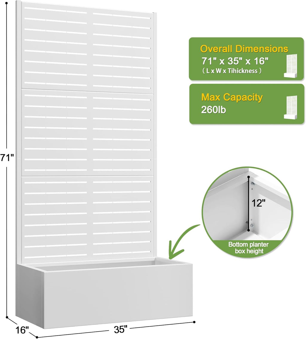 FENCY Metal Raised Garden Bed with Trellis, Metal Planter Box with Trellis, Garden Box for Climbing Plants Vegetable, 35" Lx16 Wx71 H Garden Bed with Drainage Holes(White-Louvered)