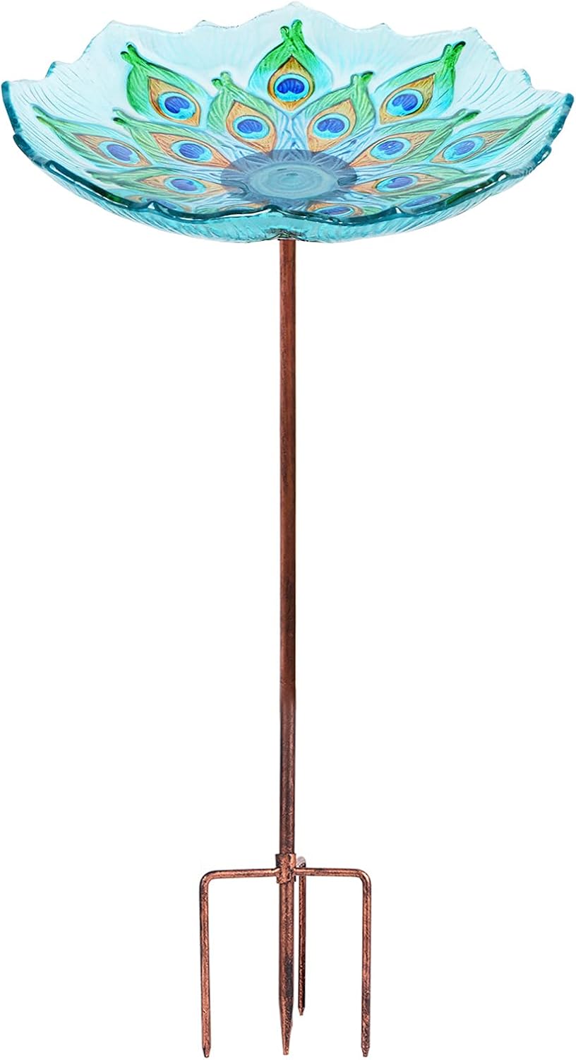 MUMTOP Glass Bird Bath, Garden Outdoor Birdbaths Birdfeeder with Metal Stake Peacock