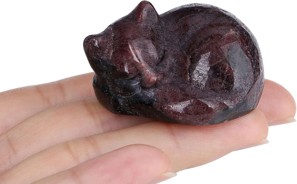 LAIDANLA Garnet Cat Healing Crystals Figurine Sleeping Cat Hand Carved Cute Statue Polished Stone Sculpture Reiki Office Room Bedroom Desk Home Decoration Gifts 1.6"