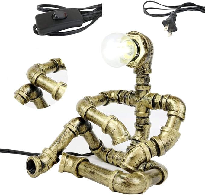Steampunk Table Robot Lamps with 2 Bulbs,Retro Industrial Robot Desk Lamps Water Pipe Light for Office,Bedroom,Living Room in Bronze