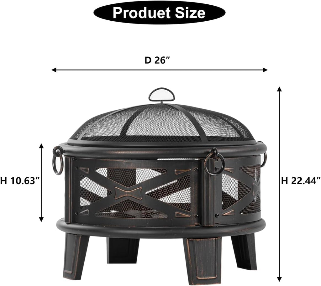 Breezz 26 Inch Wood Burning Fire Pit with Cooking Grill and Spark Screen, Outdoor Metal Round Firepit for Patio, Backyard, Bonfire Party, Camping