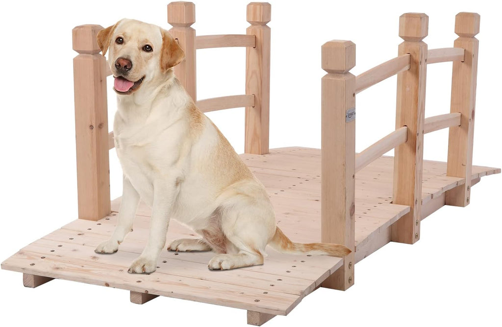 VINGLI 5 ft Garden Bridge, Classic Wooden Arch with Safety Rails Natural Finished Footbridge, Decorative Pond Landscaping, Backyard Creek or Farm