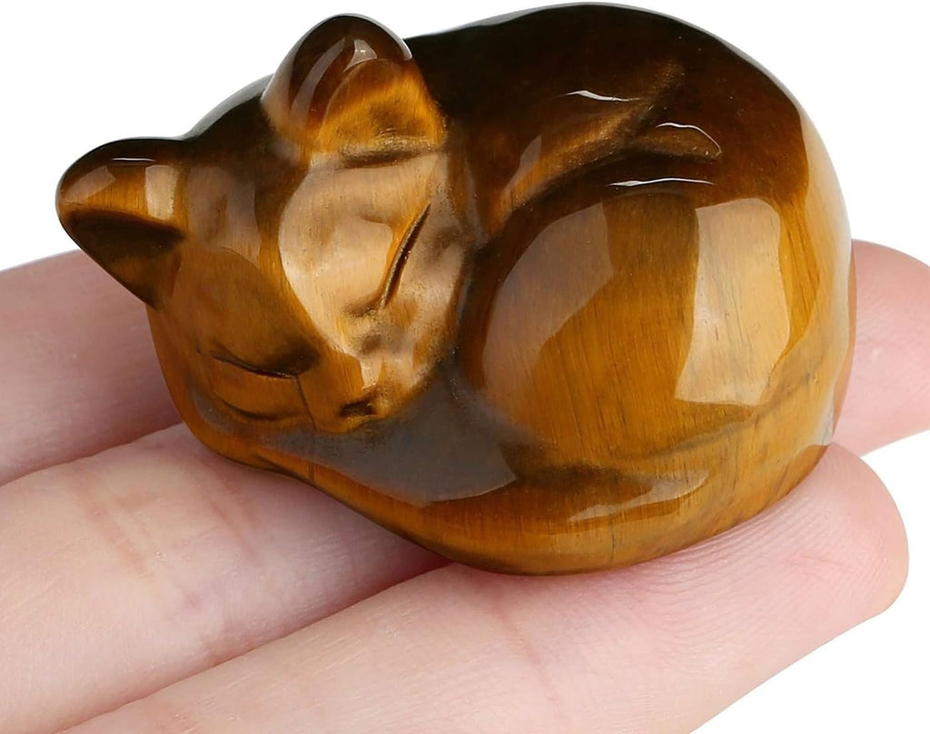 LAIDANLA Tiger Eye Cat Healing Crystals Figurine Sleeping Cat Hand Carved Cute Statue Polished Stone Sculpture Reiki Office Room Bedroom Desk Home Decoration Gifts 1.6"