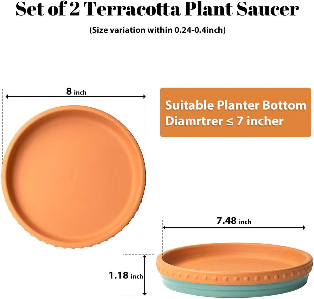 YBX 8-inch Plant Saucer Premium Terracotta Saucer Round Ceramic Plant Trays, Pack of 2 (Turquoise/Terracotta)