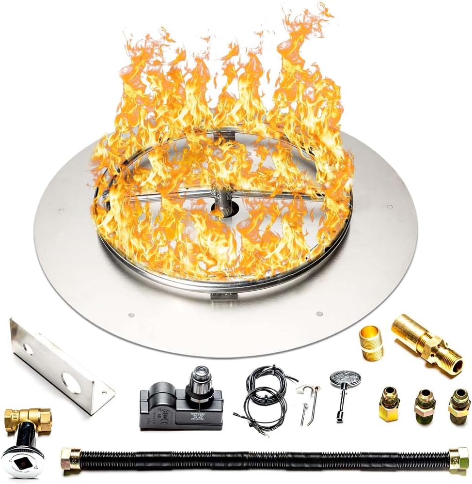 Stainless Steel Fire Pit Burner Pan & Ring Standard Kit with Spark Ignition for Liquid Propane, 18-Inch Pan, 12-Inch Ring, 90,000 BTU Max