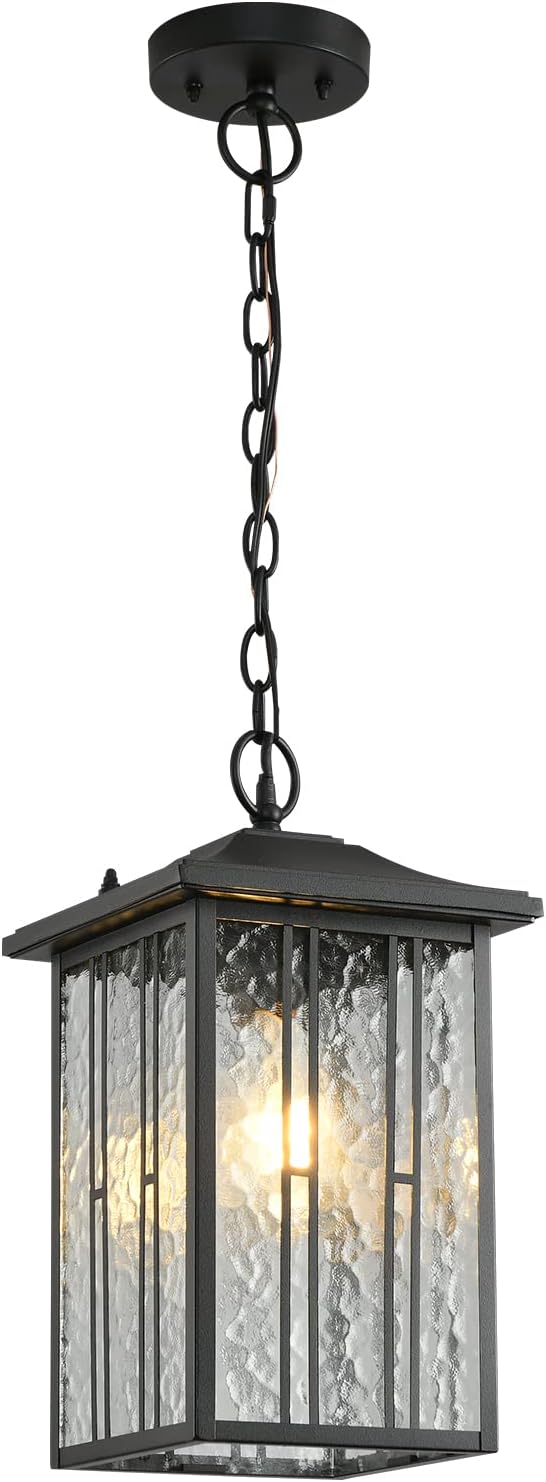 Outdoor Pendant Light, Black Exterior Hanging Lights, LED Outdoor Chandelier, Modern Hanging Lantern for Porch, Ceiling Entry Porch Patio Matte Black with Water-Rippled Glasses