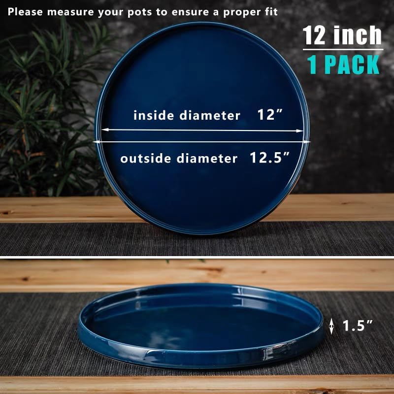 Blue Ceramic Pot Saucer - Drainage Tray for Indoor and Outdoor Flower Plant Pots and Planters, 12 Inch