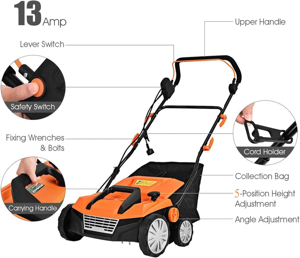 Goplus 2-in-1 Electric Corded Lawn Dethatcher with 5 Cutting Heights, 15-Inch 13 Amp Electric Scarifier w/ 13.5 Gallon Collection Bag, 2 Removable Blades for Garden Yard