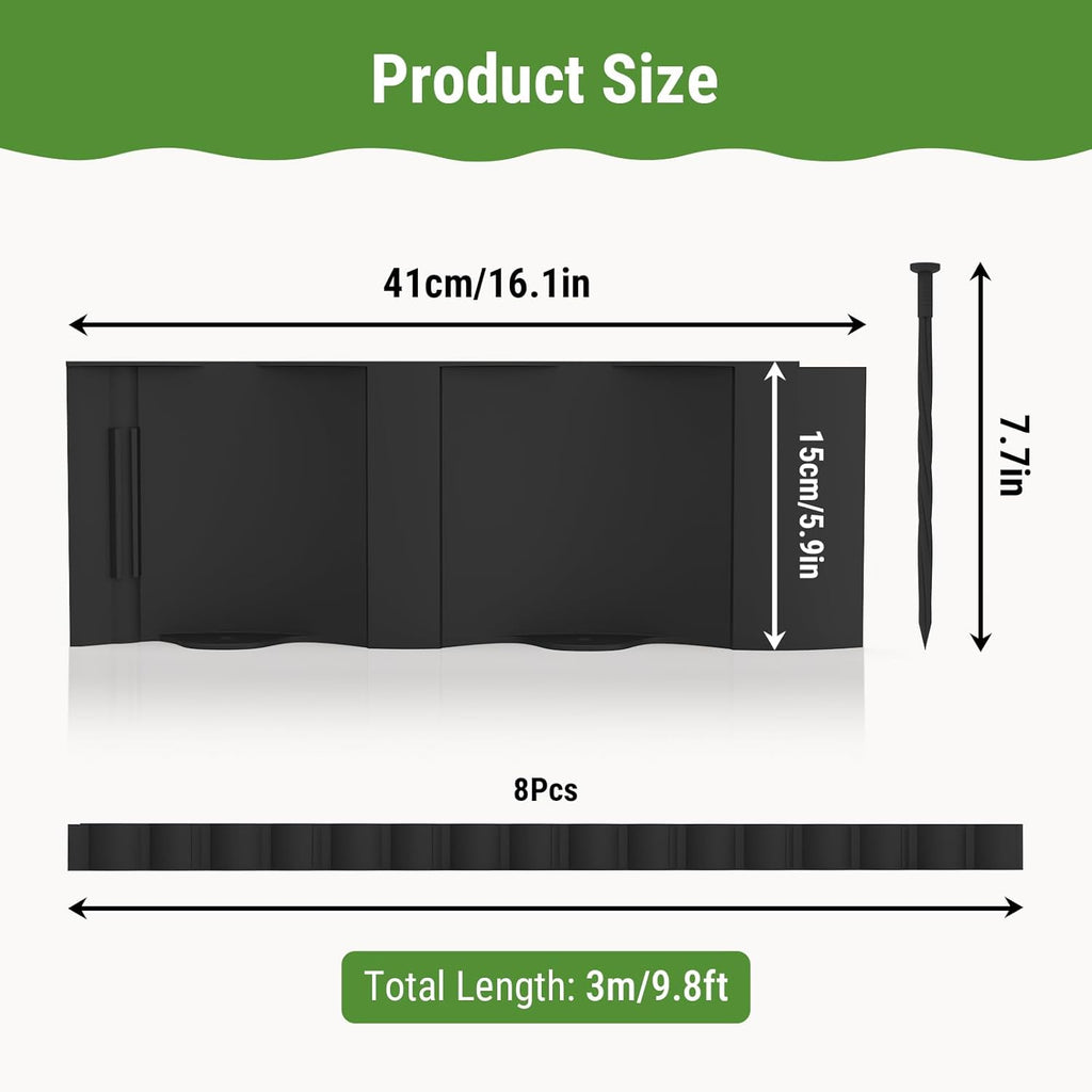 Mars Villa Landscape Edging 10FT, Interlocking Landscape Edging 5.9in Flowerbed Border Edging Plastic Flexible Flower Bed Lawn Edging for Outdoor Pathway, with Stakes（Black, 8PCS）