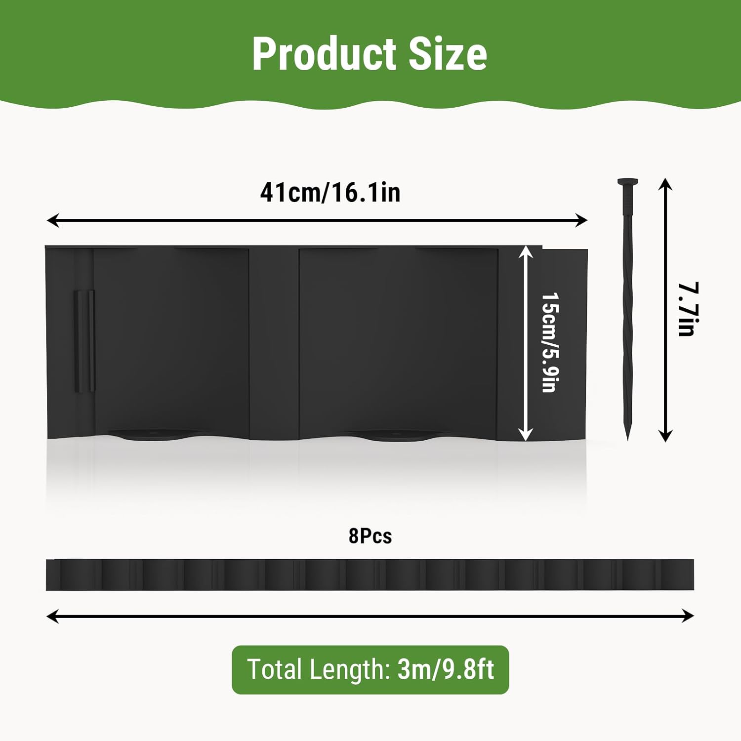 Mars Villa Landscape Edging 10FT, Interlocking Landscape Edging 5.9in Flowerbed Border Edging Plastic Flexible Flower Bed Lawn Edging for Outdoor Pathway, with Stakes（Black, 8PCS）