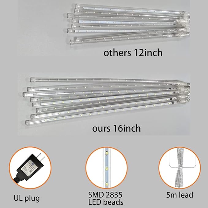 Aokudoni Christmas Lights Outdoor, Upgraded 16 inch /40cm Meteor Shower Lights 8 Tube Falling Rain Light Icicle String Lights for Xmas Tree New Year Party Wedding Decorations, UL Plug, White