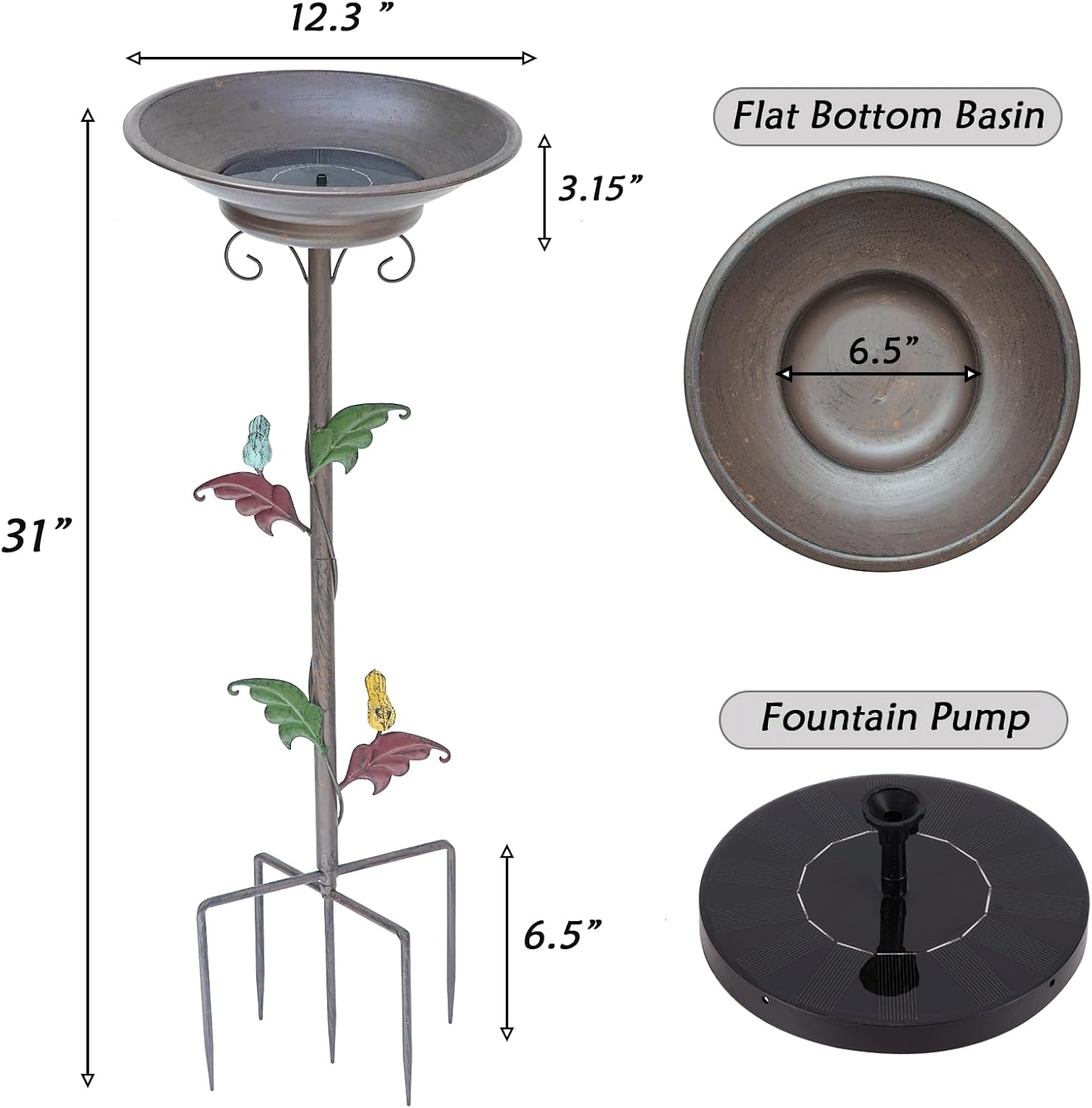 31”H Solar Bird Bath with Metal Stake, Metal Bird Bath Bubbler, Bird Baths for Outdoors with Solar Fountain for Outdoors Garden Yard Decor
