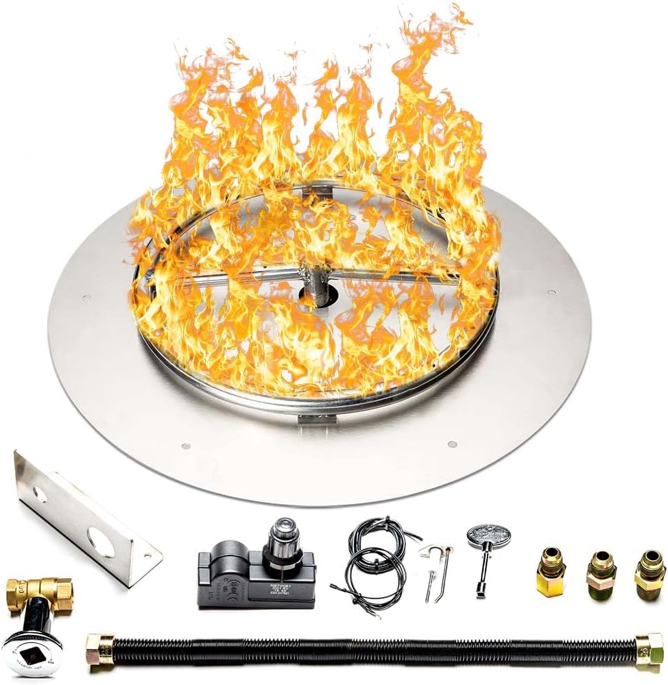 Stainless Steel Fire Pit Burner Pan & Ring Standard Kit with Spark Ignition for Natural Gas, 18-Inch Pan, 12-Inch Ring, 90,000 BTU Max
