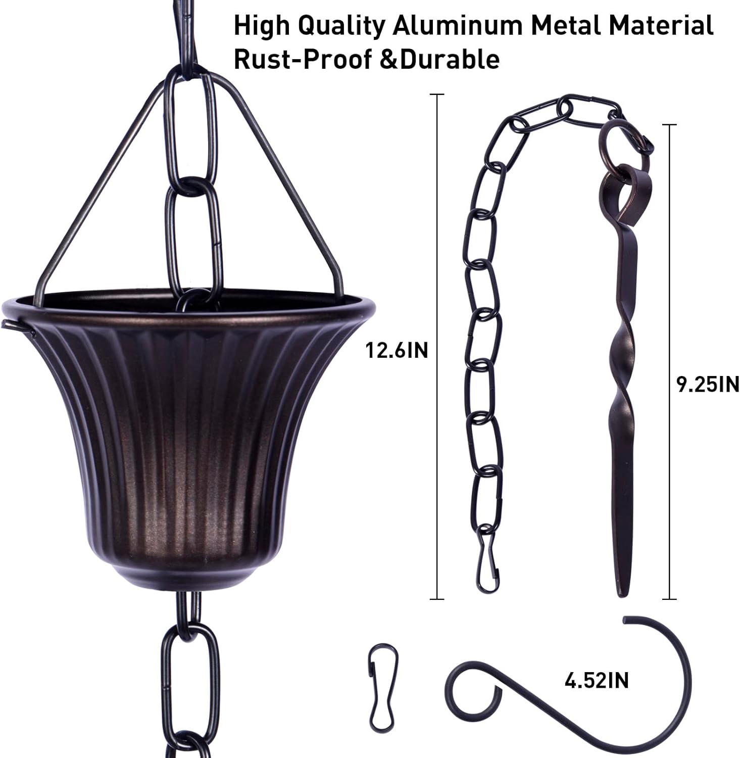 Rain Chain Set 8.5 Ft,Not Rust Wrought Iron Rain Chains for Gutters with Adapter Gotta Drain and Anchoring Stake, 14 Cups, 1 Hook, Adjustable Length for Garden Decorative (Coffee)