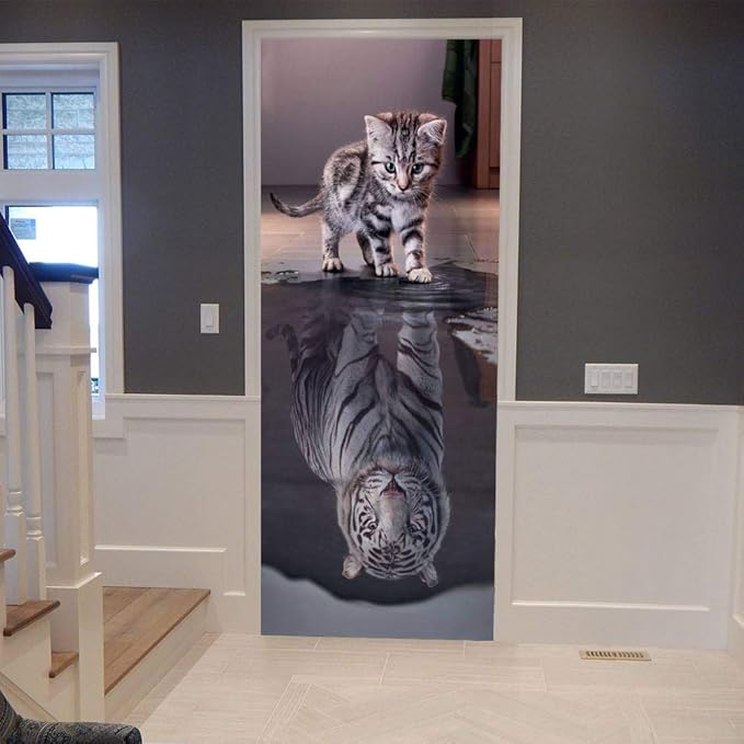 3D Door Stickers Murals Peel and Stick - Cat Becomes Tiger - Door Wallpaper Self-Adhesive Door Decals Removable PVC Waterproof Door Poster for Bedroom Living Room Door 31.5" x 78.7"