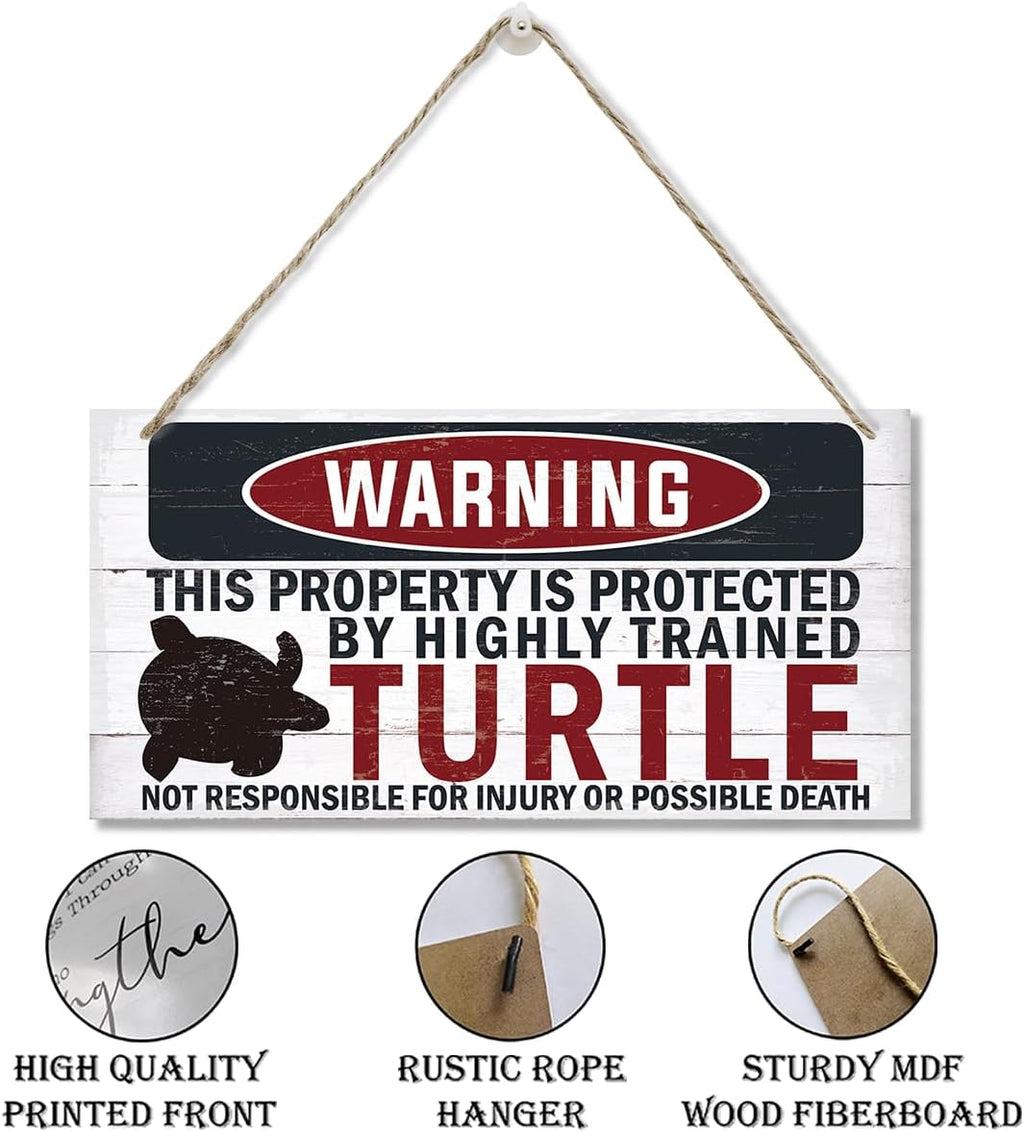 Funny Warning Signs, The Property is Protected By Highly Trained Turtle Sign, Decorative Wood Hanging Wood Plaque, House Door Sign, Farmhouse Wall Decor for Home Office, Indoor/Outdoor Use