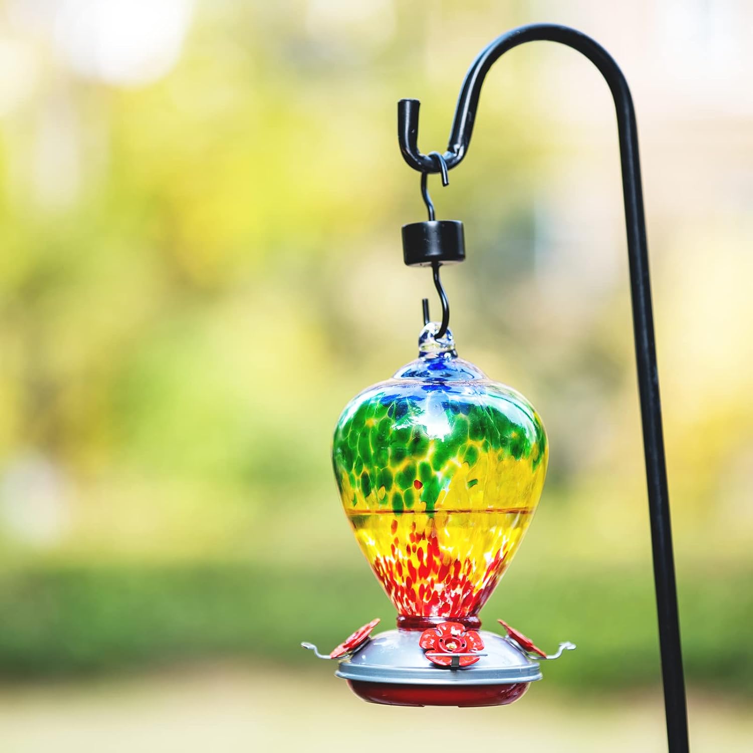 Hummingbird Feeders, 34OZ Hand Blown Glass Hummingbird Feeder for Outdoors Hanging with Ant MoatHooks, Perfect for Gardening Yard Patio Decor Gifts (Rainbow)